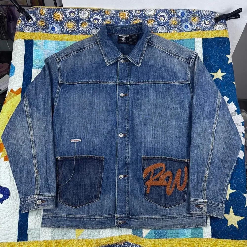 Y2K Vintage Rocawear Indigo Blue Denim Jacket with Orange 'RAW’ Embroidery Patch